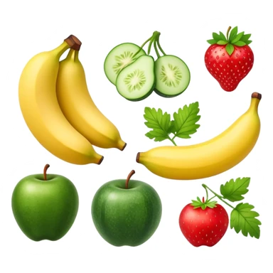 Group of fruits: banana, pear, cucumber, strawberry, red apple and parsley. Apple emojis style. sticker