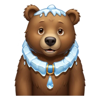 Realistic brown bear on all four legs with a large ice collar around its neck, shaped like a dog collar, with icicles hanging down from it, minimalist emoji style sticker