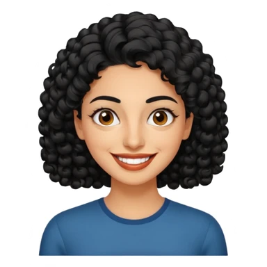 30 year old iranian woman very short curly black hair, big brown eyes, tanned skin, big smile, white teeth, pretty, stylish, shorter hair, man length hair sticker