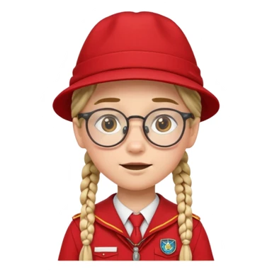 red uniform wearing scout kid with braids and glassess with hat sticker