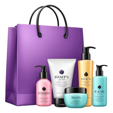 Gift bag with beauty products (shampoo, creams, styling products), a gift bag is beautyful open box full of luxury brand-labeled beauty products sticker