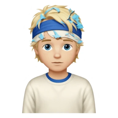 Create a look for a blond boy with long, tousled hair, light eyes, a white sweater, a wealthy appearance, blue eyes, and accessories like a Rolex or Cartier watch, and a cute face with messy hair down. blue eyes + headband white + pajama sticker