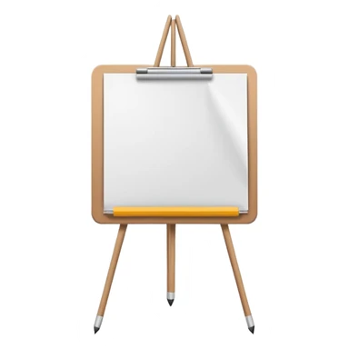 Minimalistic flat vector icon, iOS style, thin black contour on white background. Easel with a paper sheet and a pencil leaning against it. No text, no shadows sticker