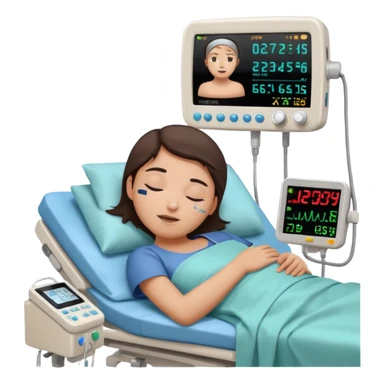 a PATIENT waking up before a surgery sleeping. And 1 monitor with vitals and numbers sticker