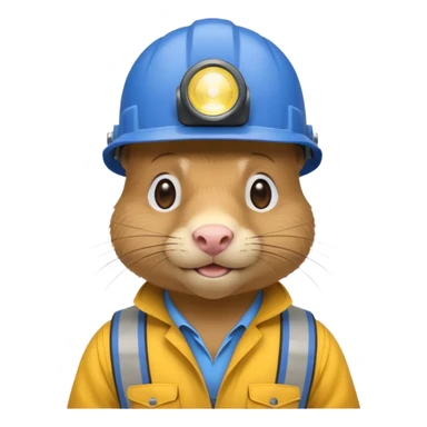 a mole rat, blue helmet, headlamp, yellow worker cloth sticker