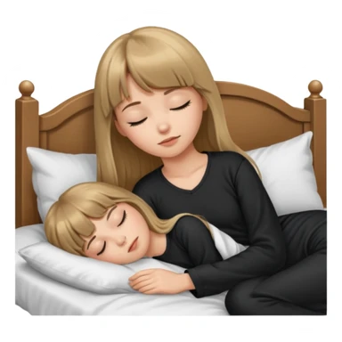 Young woman with long dark blond hair all around her, and a bang, sleeping in bed  with black pyjama  sticker