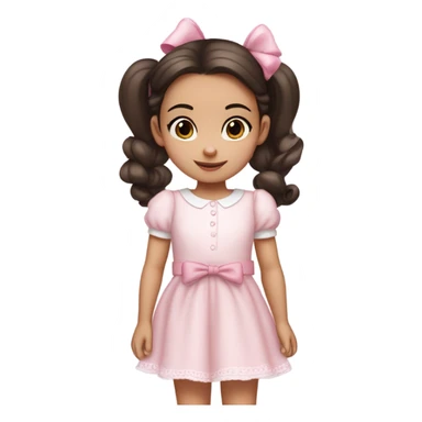 Little 3 year old Girl with light white skin, brown eyes. Dark hair in two ponytails, with light pink bows.  She is wearing a light pink and White dress, standing and holding a teddybear with a pink bow. Only showing up to her waist sticker