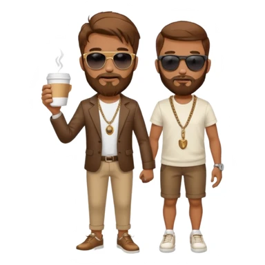 stylish bearded male traveler with coffee cup on hand, cool sun glasses with chain strap, white shoes, sticker