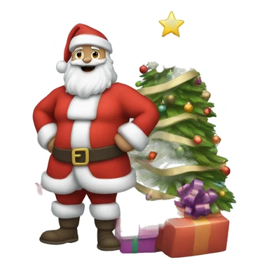 santa claus standing next to the Christmas tree with presents and gifts in his hands sticker