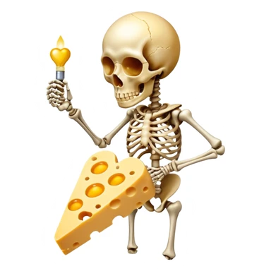 Aged cheese, egg yolk, natto, and chicken liver emitting golden key-shaped lights that direct calcium particles toward bones and away from arteries. The skeleton glows where the calcium is properly deposited, while a heart remains clear and healthy, showing vitamin K2's dual role. sticker