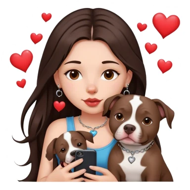 Young girl with long dark brown layered hair hair sits with her one dog who is a pretty girl pitbull with her cell phone in her hand in a small septum ring in her nose was hearts flying all around her sticker