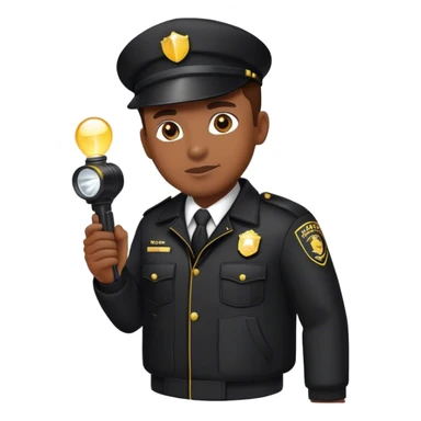 A vigilant male security guard wearing a black uniform, a cap with ‘SECURITY’ embroidered on it, and a black jacket. He holds a flashlight  shining its beam forward sticker