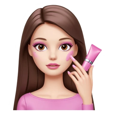 Barbie girl a brown long Straight hair and brown eyes is In pale pink smears by hand cosmetic cream Dior on her face sticker