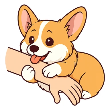 изобразить моего корги, сохранив внешность и телосложение в позе и эмоции как на первом референсе
обхватывает передними лапками человеческую руку и мило прикусывает sticker