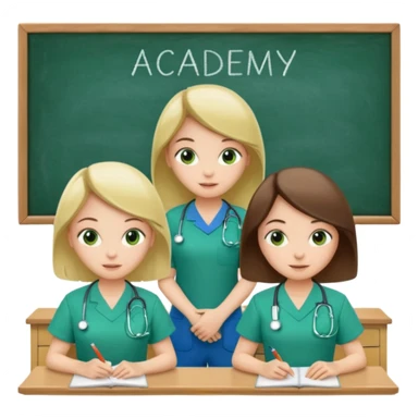 3 different nurses, wearing green and blue work clothes, in a classroom, "Academy" written in white on board sticker