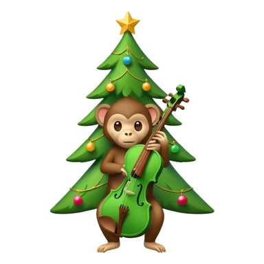 A cute, minimal emoji-style Christmas tree with a bright green triangular shape decorated and a small playful monkey with a violin sticker