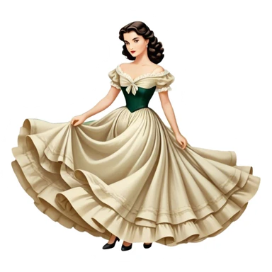 Icon for Romance Movie: A vintage movie poster-style design inspired by Gone with the Wind. Include romantic, sweeping imagery like Scarlett O'Hara in a flowing dress, Rhett Butler, a plantation backdrop, and fluttering wind-blown fabric. Soft, nostalgic cinematic feel. Transparent background. sticker