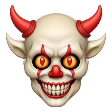 clown skull with devil horns, only bone and nose, no skin, emoji style sticker
