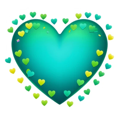 emoji: teal and neon green gradient heart with NYE celebration confetti from behind. sticker