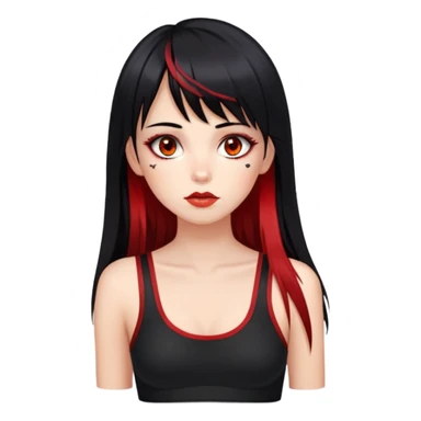 Girl. hazel eyes. Black hair with red long bangs highlights and red perk-a-boo underlights. Medium long hair. black strap crop top. birthmark under the lips on the left. Skinny face. sticker