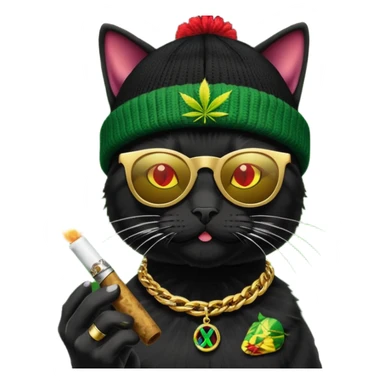 A black cat wearing the deal with it shades and a rasta beanie and smoking a joint and wearing a gold chain that says 420 sticker