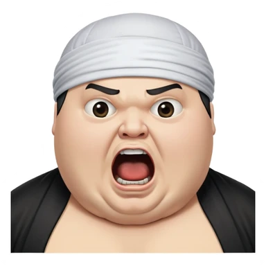Super extreme tight close-up of just the face of morbidly obese white skin guy with young face, prominent BLACK DURAG tied clearly on head, black beard but no mustache, clean shaven upper lip, black eyes, mouth wide open screaming angrily sticker