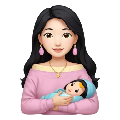 South Korean girl in her mid-thirties with long black hair and a middle part. She is wearing a baby pink, off the shoulder long sleeve knit sweater. She has small gold earrings and a gold necklace. She has brown eyes with narrow, mono lid shape and smiling with lips together sticker