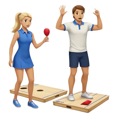 man with brown hair playing cornhole with a blonde hair girl cheering him on in the back sticker