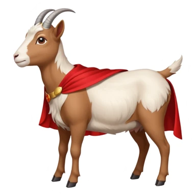 side view of white female goat wearing a read cape like superman sticker