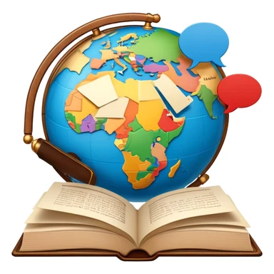 An icon showing a globe surrounded by speech bubbles with greetings in different languages, like 'Hello,' 'Hola,' and 'Bonjour.' The design includes an open book and a quill, symbolizing learning and communication. Transparent background emphasizes global connection through language. sticker