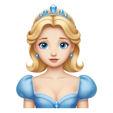 Cinematic Realistic Comical Cinderella Portrait, with every detail rendered realistically—from the soft, smooth texture of her fair skin to her artfully styled golden-blonde hair. Her bright blue eyes are wide with playful disbelief, and her expression carries a touch of whimsical humor while retaining elegant poise. Her classic ball gown, detailed with rich fabric textures and natural shadows, catches the light in a way that blends refined beauty with a hint of cheeky mischief, creating a striking, lifelike portrayal. sticker