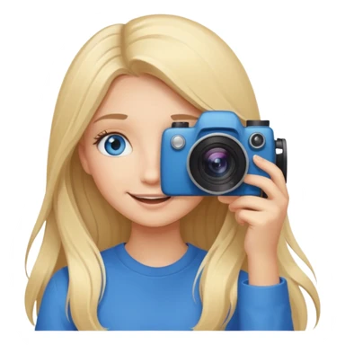  blue eyes blonde girl photographer cartoon taking picture in middle of taking picture camera in front of face long hair smiling funny flash professional, camera in front of face sticker