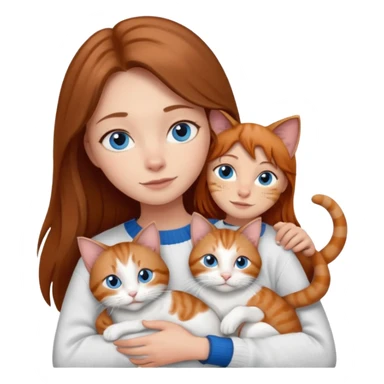 a girl with long brown hair, with blue eyes, in a
white sweater, hugs 3 cats a brown tabby and white, a ginger and white and a grey and white sticker