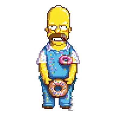 Homer Simpson pixel art, basic features, holding a donut with sprinkles sticker