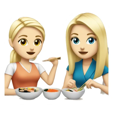 Blonde white girl with blue eyes eating sushi with brunette friend sitting in a table sticker