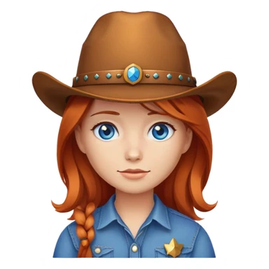 Crea un emoji de una cara DE UNA chica con sombrero de vaquero cabell cobrizo y ojos azules sticker