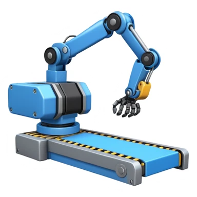 robot arm which is picking blue block on conveyor belt sticker