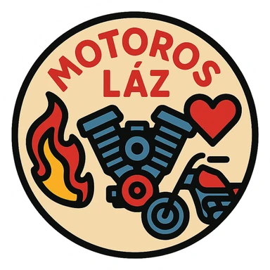 circular motorcycle cap design with the Hungarian phrase 'Motoros Láz', featuring motorcycle motifs like flame, motor, heart, passionate style sticker