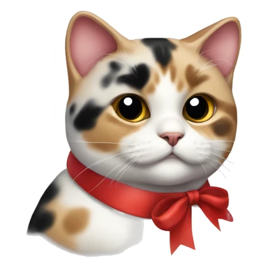 Chubby Calico cat with black spots wearing a red ribbon around its neck  sticker