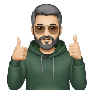 Latino man in his early 40s, with full beard not too long with gray hairs in the goatee, black hair, wearing a dark gray hoodie and dark green sunglasses, he is giving a thumbs up sign sticker