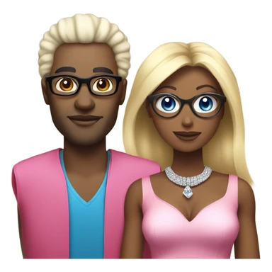 black man with black afro and glasses and wearing a red shirt next to a blonde white woman with blue eyes wearing a pink dress and a big diamond necklace sticker