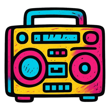 A boombox in Pop Colors style, with a graffiti-inspired design, urban vibe, spray-paint textures, and bright, contrasting colors sticker