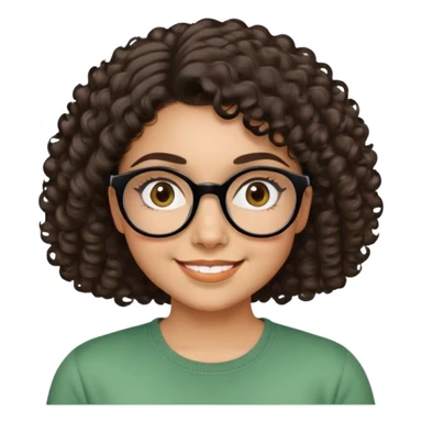 Young Latina woman with light brown skin. Round friendly face. Dark brown eyes with black-framed glasses. Thick arched eyebrows. Short voluminous curly hair. Big smile showing dimples. Wearing a green casual top. sticker