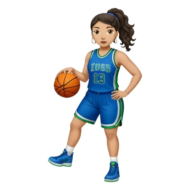 full body plus size light skin  latino women basketball player with wavy dark hair in pony tail wide nose wearing blue uniform with green accent sticker