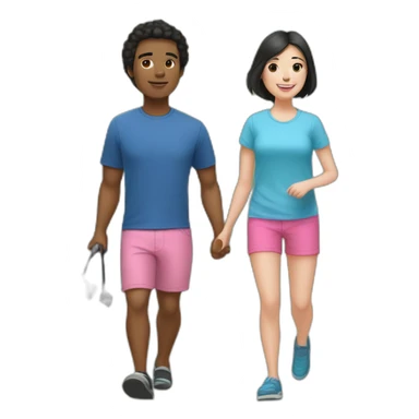 a 32-year-old man with pale skin and black hair, wearing flip-flops, pink shorts and a blue over-sidez t-shirt, going for a walk with a female 9-year-old Bichón Frisé dog. sticker