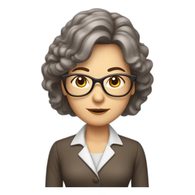middle-aged accounting woman with brown longhair, a frindge, glasses and a loop sticker