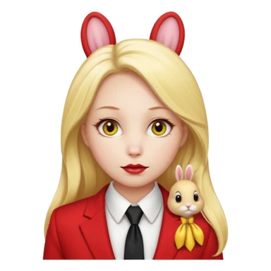 Woman with porcelain white skin, thick blonde hair that's in a thick, long ponytail, has the nose of a bunny, yellow scleras, red pupils, and a red suit with a black tie. sticker