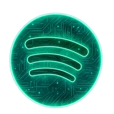 Transform the Spotify logo into a cyberpunk, holographic style with glowing neon green edges and intricate circuit patterns throughout the entire icon. Maintain the recognizable green circle and black sound waves, overlaying neon and circuit effects in a futuristic, clean cyberpunk style with consistent glow and detailed circuits. The background should be transparent to highlight the neon and holographic effects. sticker