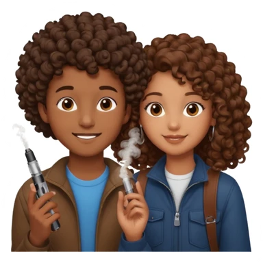 adolescent boy with brown skin holding a brown vape, next to a mixed-race girl with voluminous brown curls, both smiling at each other, romantic vibe sticker