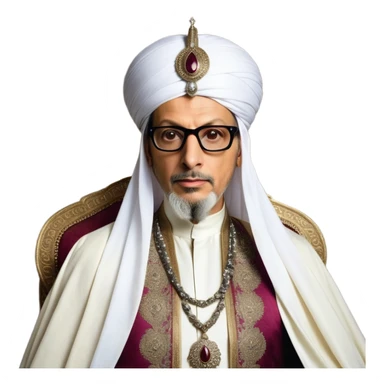 Jeff Goldblum no glasses as a regal portrait dressed as _cinematic-realistic-portrait-of-suleiman-the-magnificent,-depicted-as-a-regal-ottoman-sultan-adorned-with-a-large,-white,-round,-tall-turban-and-a-majestic-grey-beard,-his-commanding-gaze-bathed-in-warm,-historic-lighting-that-exudes-timel sticker